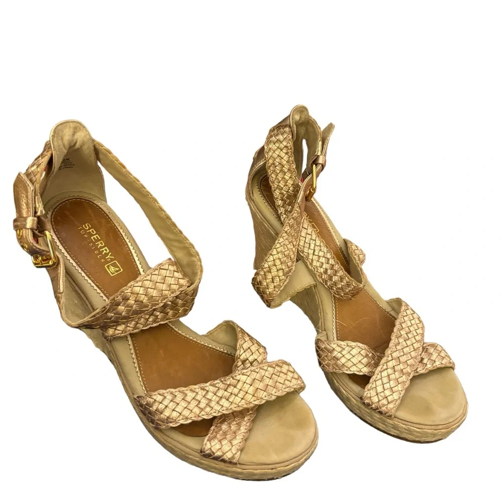 Sperry Women’s Gold Top-Sider Wedge Leather Gold Ankle Strap Espadrille Size 8.5